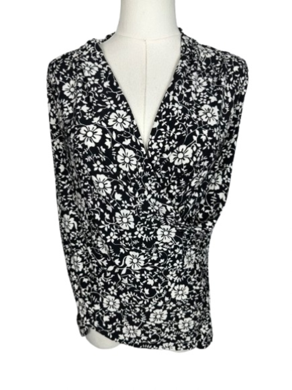 Vince Camuto Black and White Floral Wrap-Front Tunic